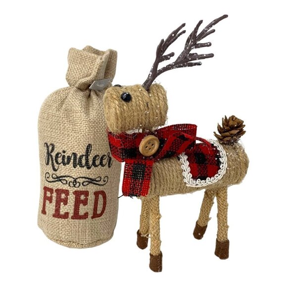 Christmas Reindeer Feed Sack Buffalo Check Set Rustic Farmhouse Holiday Decor - Picture 3 of 11